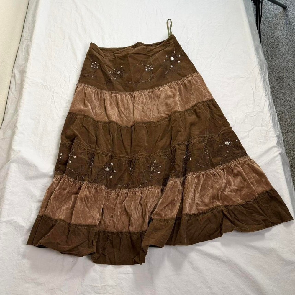 y2k Brown fairy boho whimsy beaded sequin tiered long skirt - Picture 6 of 7